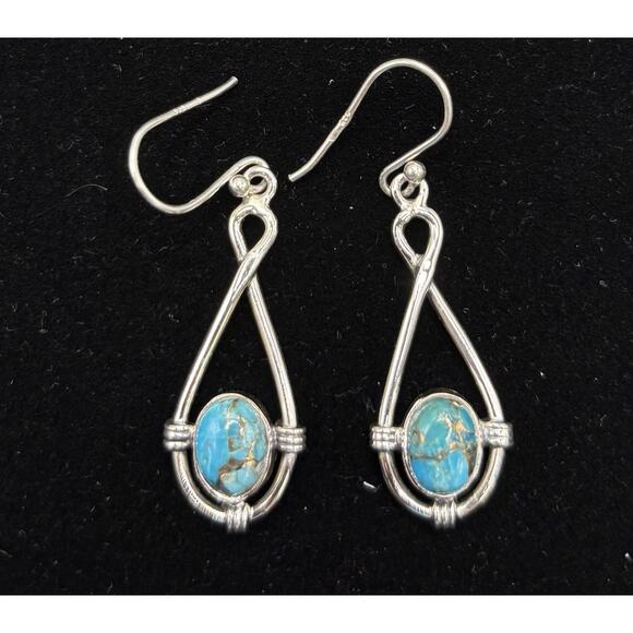New Condition Sterling Silver Copper Turquoise Dangle Earrings 925 - Picture 1 of 7